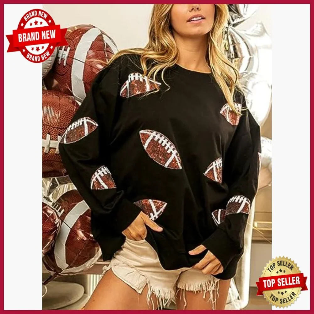 Loose Fit Football Sequin Sweatshirt Long Sleeve Pullover Casual Gameday Top - Picture 2 of 7